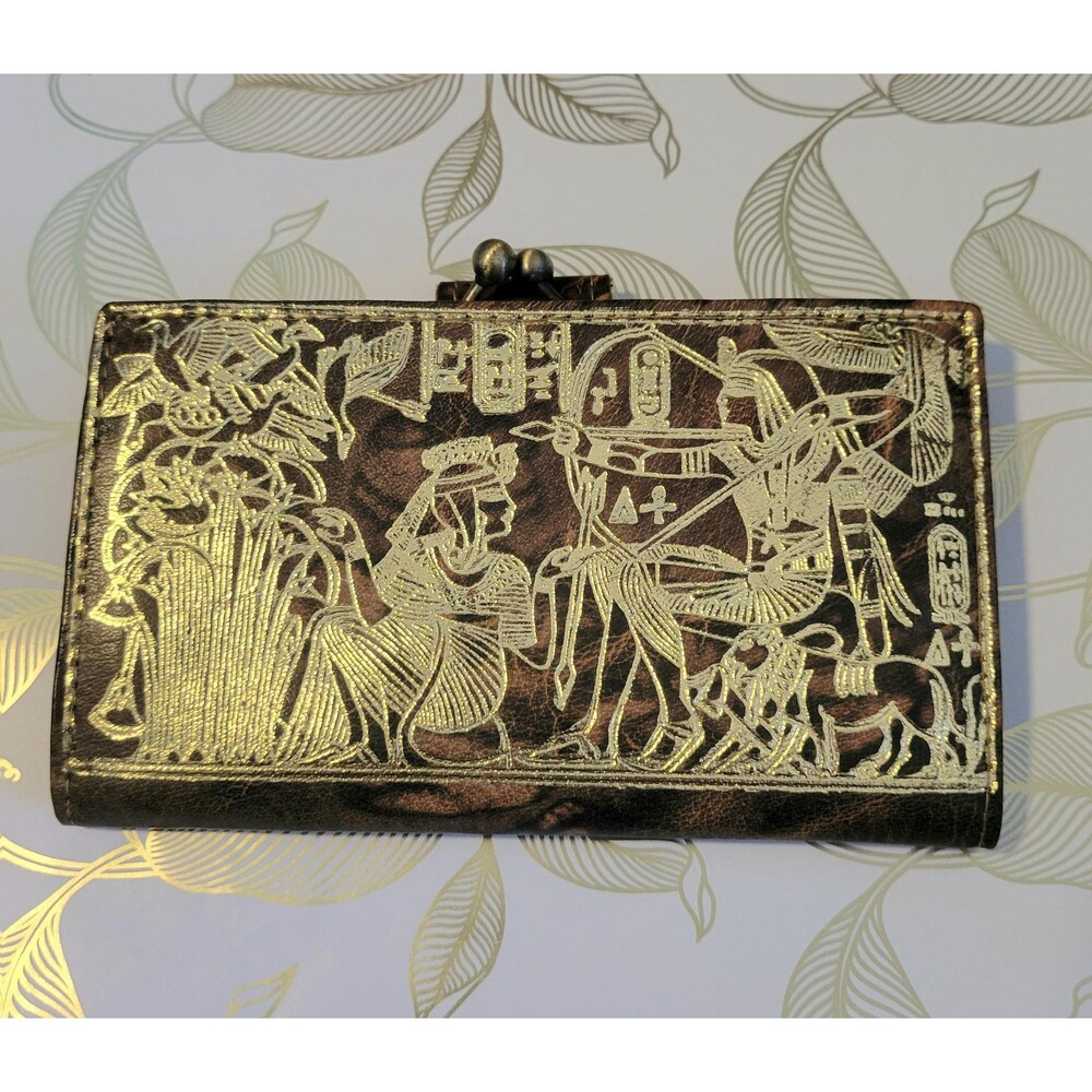 Vintage Egyptian Revival Tooled Leather Wallet Kiss Lock Gold Embossed